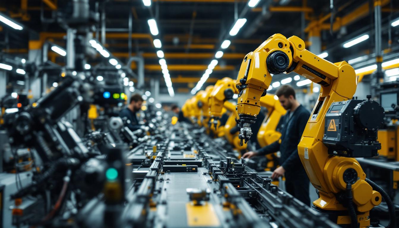 A photograph of a dynamic scene showcasing a robotic assembly line in action within a san francisco-based robotics company