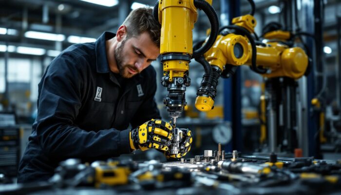 A photograph of a skilled technician working on an industrial robotic arm