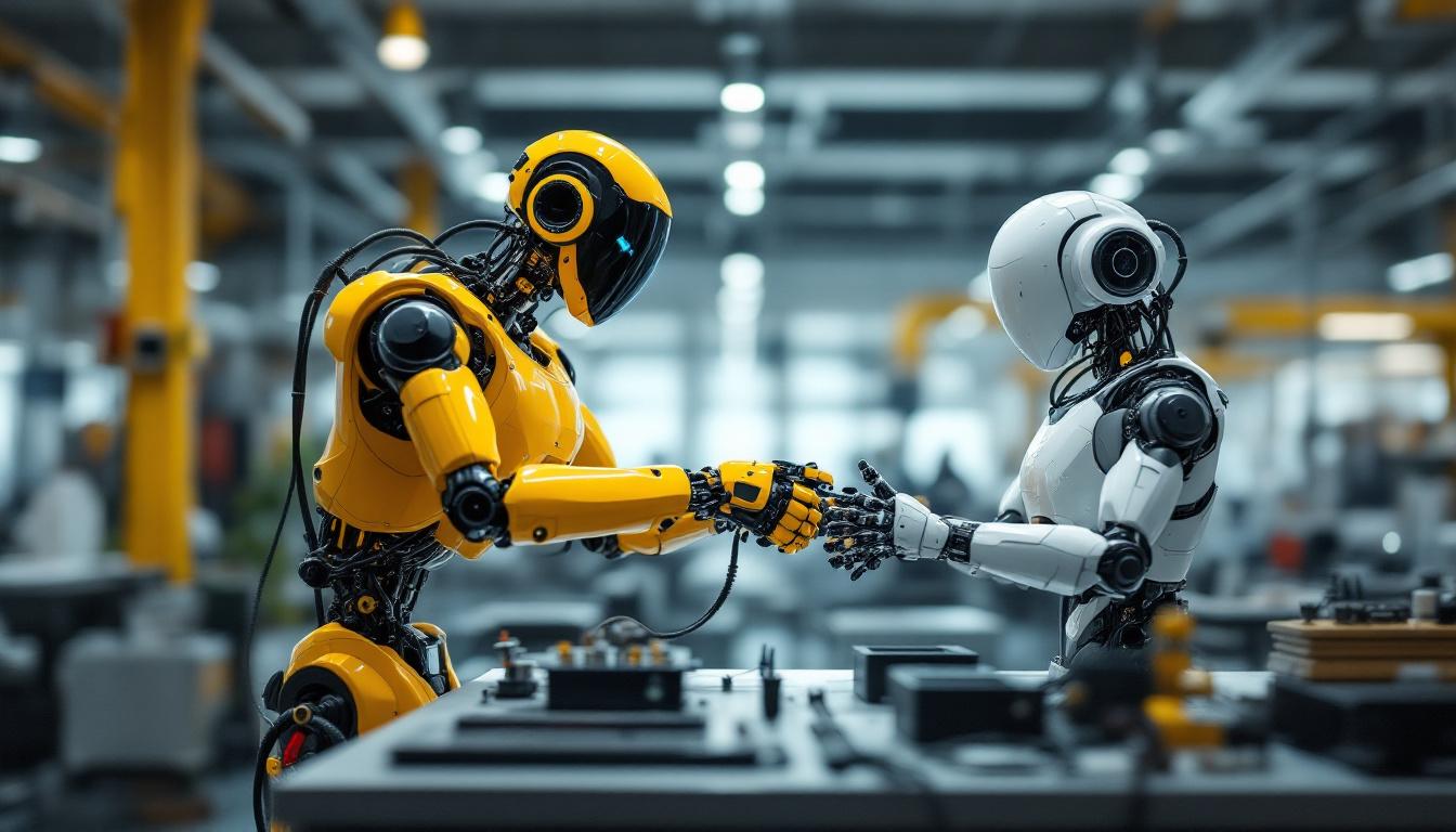 A photograph of a dynamic workspace where an acoustic robot is engaged in a task alongside an industrial robot