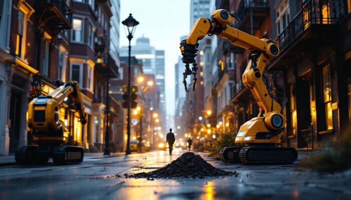 A photograph of a dynamic urban scene in boston featuring a blend of residential properties for sale and industrial robotic technology in action