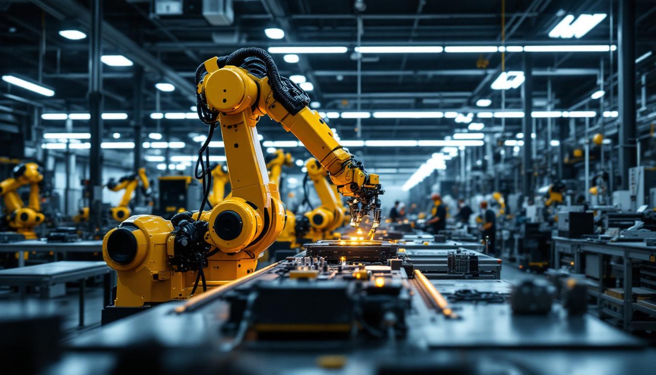 A photograph of a bustling boston manufacturing facility showcasing industrial robots in action