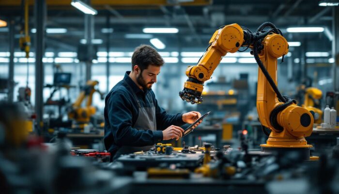 A photograph of a collaborative workspace where a human interacts seamlessly with a robotic arm