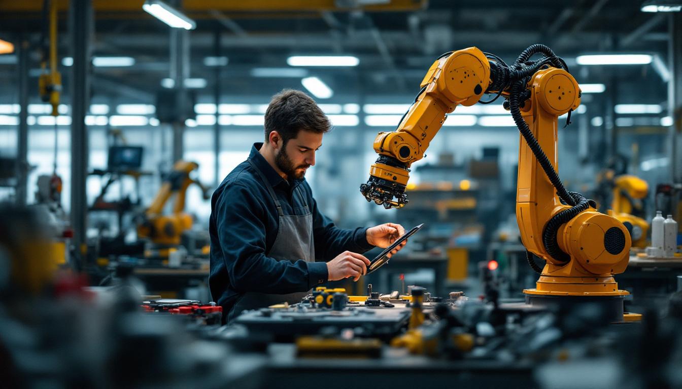 A photograph of a collaborative workspace where a human interacts seamlessly with a robotic arm
