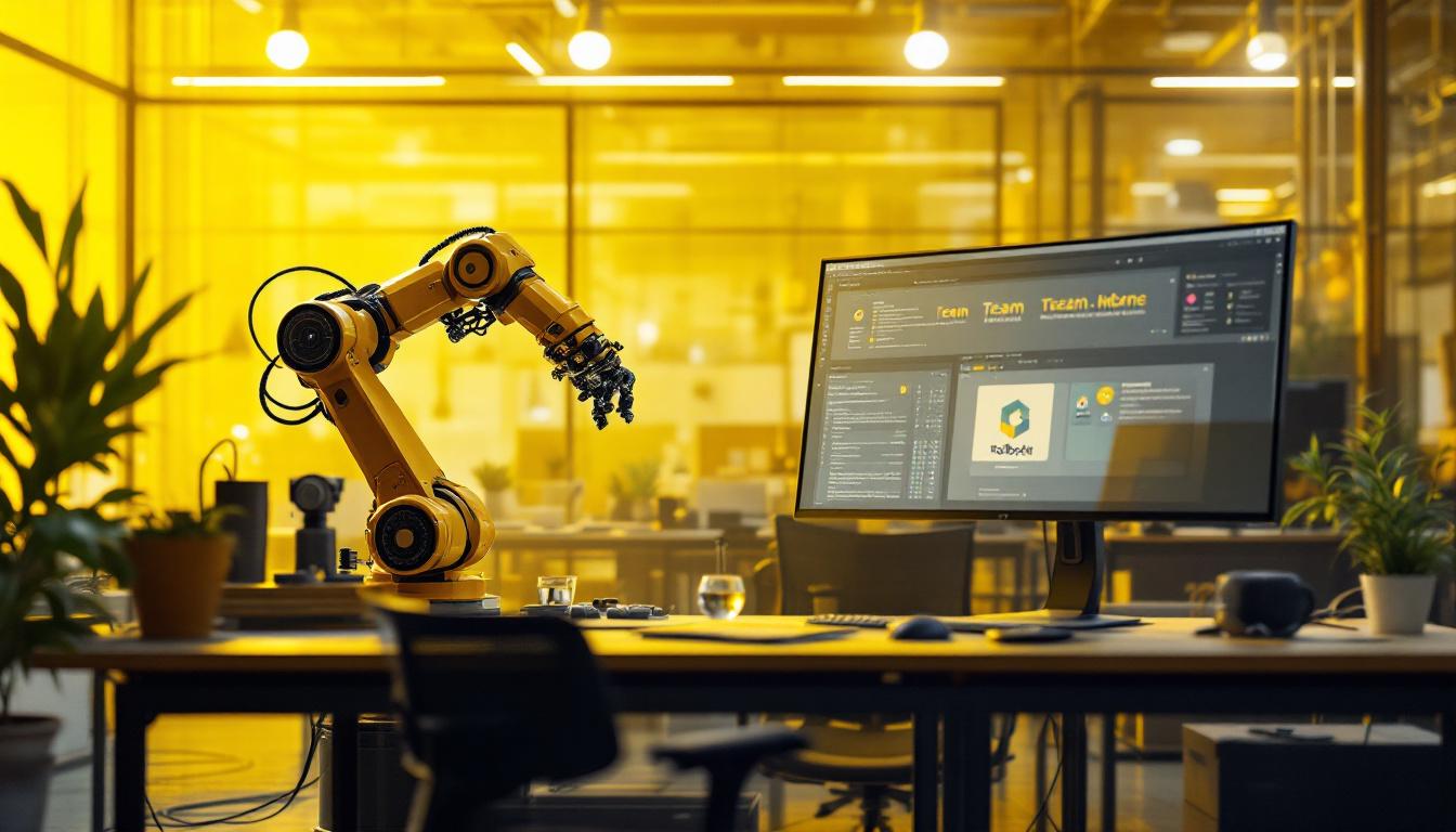 A photograph of a dynamic industrial robotics setting