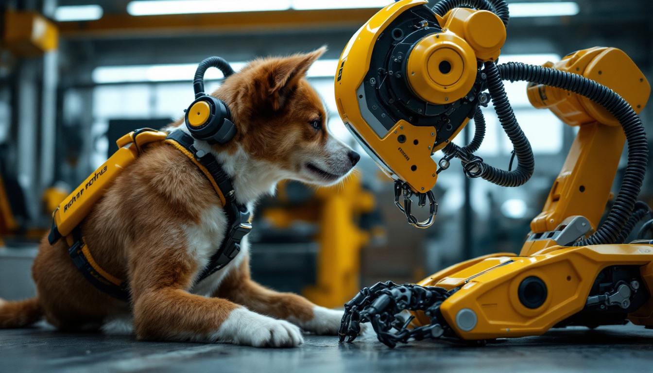 A photograph of a lively dog interacting with an industrial robot in a workshop setting
