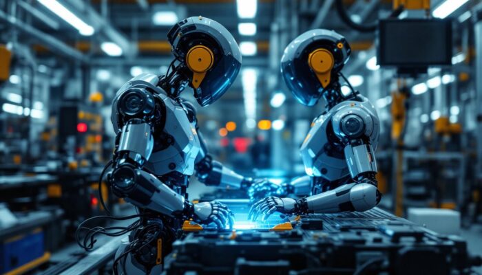 A photograph of a sleek industrial robot in action within a modern manufacturing environment