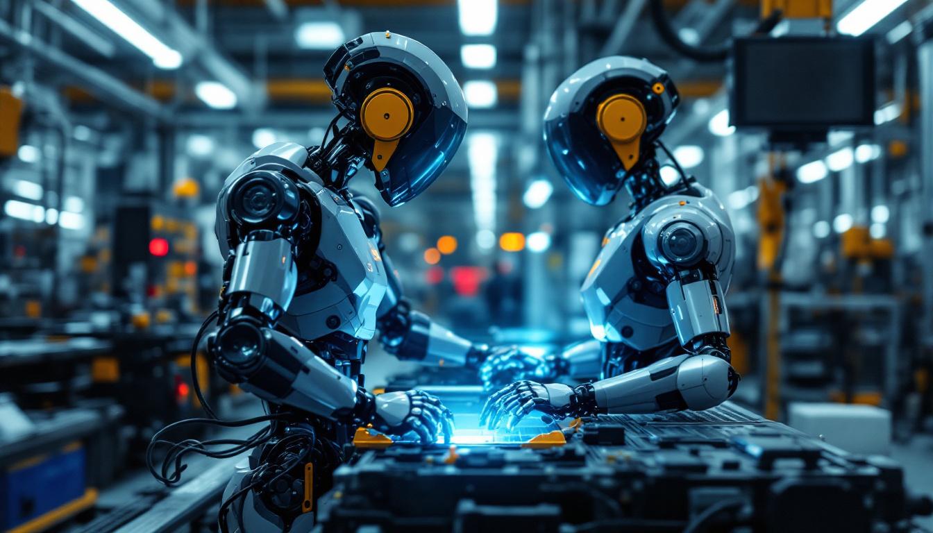 A photograph of a sleek industrial robot in action within a modern manufacturing environment
