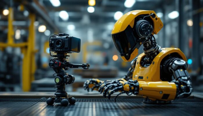A photograph of a walking camera in action alongside an industrial robot