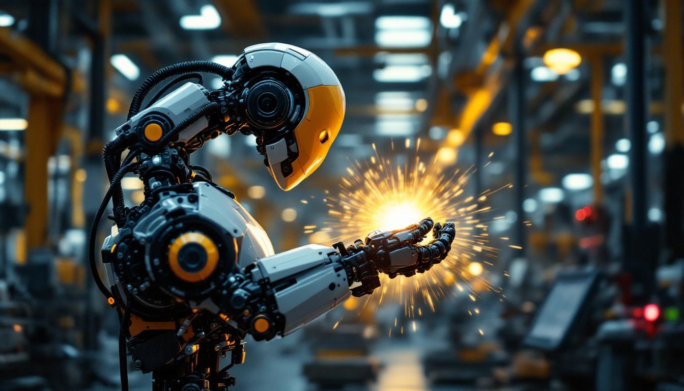 A photograph of a modern industrial robot in action within a bustling manufacturing environment in india