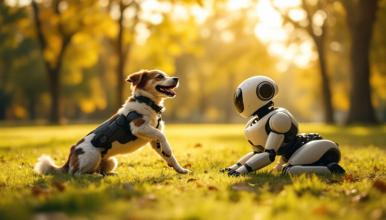A photograph of a playful dog stretching in a sunny park