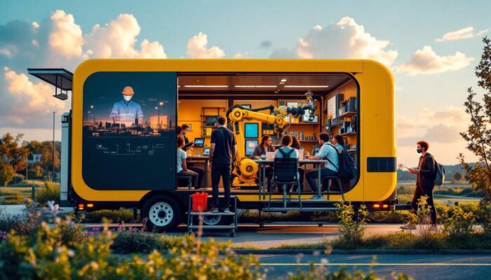 A photograph of a dynamic scene featuring a mobile classroom on wheels