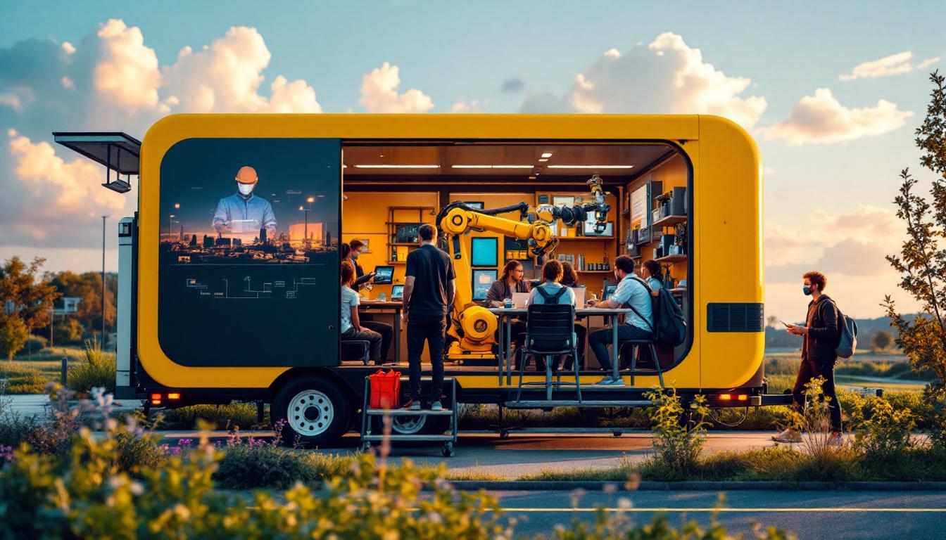 A photograph of a dynamic scene featuring a mobile classroom on wheels