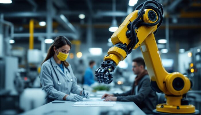 A photograph of a medical assistant in a bustling boston clinic interacting with patients and a robotic arm in a nearby industrial setting