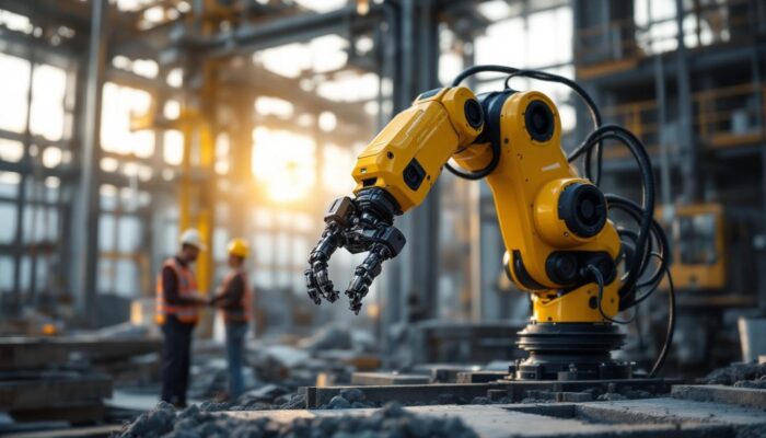 A photograph of capture a photograph of a modern industrial robotic arm in action within a construction site