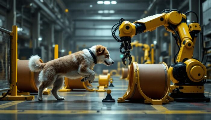 A photograph of a dynamic scene featuring a dog navigating through various agility equipment