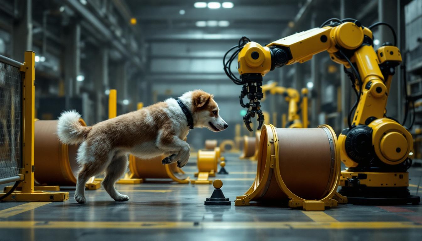 A photograph of a dynamic scene featuring a dog navigating through various agility equipment