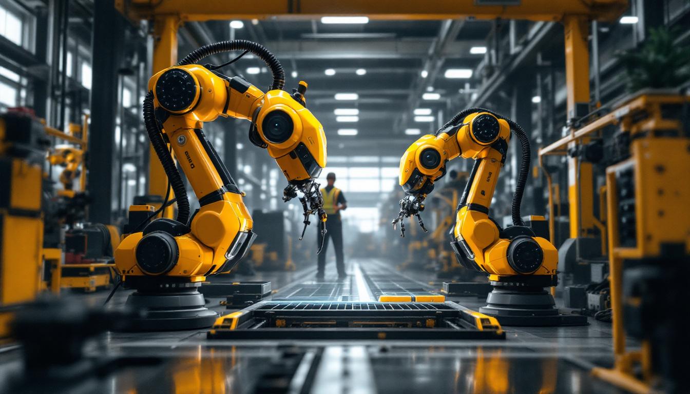 A photograph of a dynamic industrial setting featuring atlas go robots in action