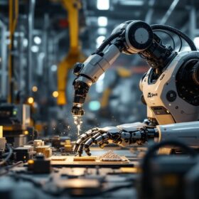 A photograph of a sleek industrial robot in action