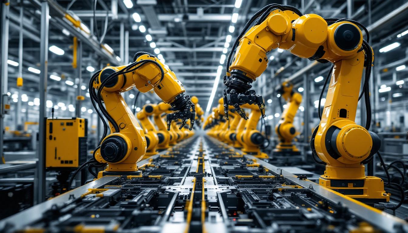 A photograph of a hyundai factory floor showcasing industrial robots in action