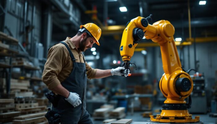 A photograph of a skilled worker installing pre-built outdoor stairs beside a state-of-the-art industrial robot in a manufacturing setting