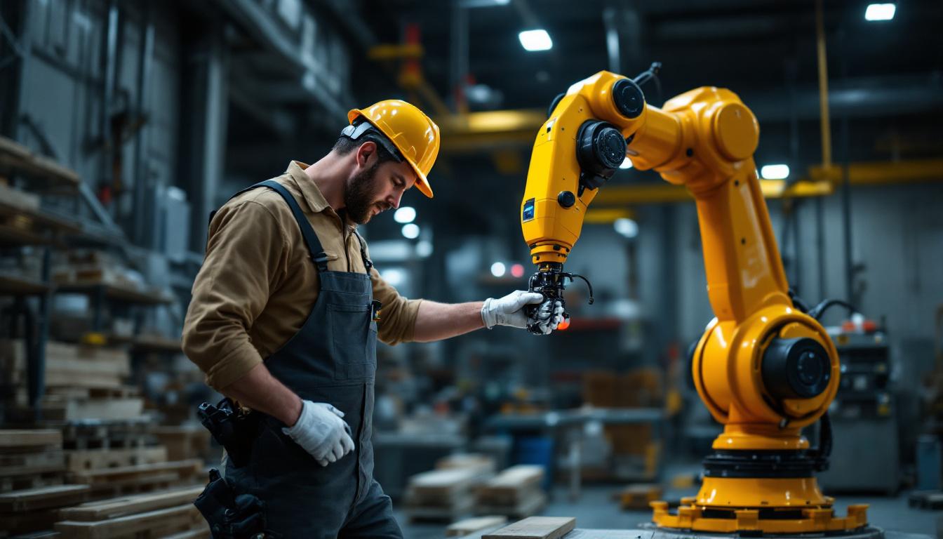 A photograph of a skilled worker installing pre-built outdoor stairs beside a state-of-the-art industrial robot in a manufacturing setting