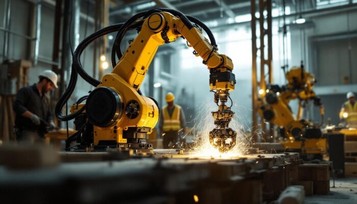 A photograph of a dynamic industrial robotics setup in action
