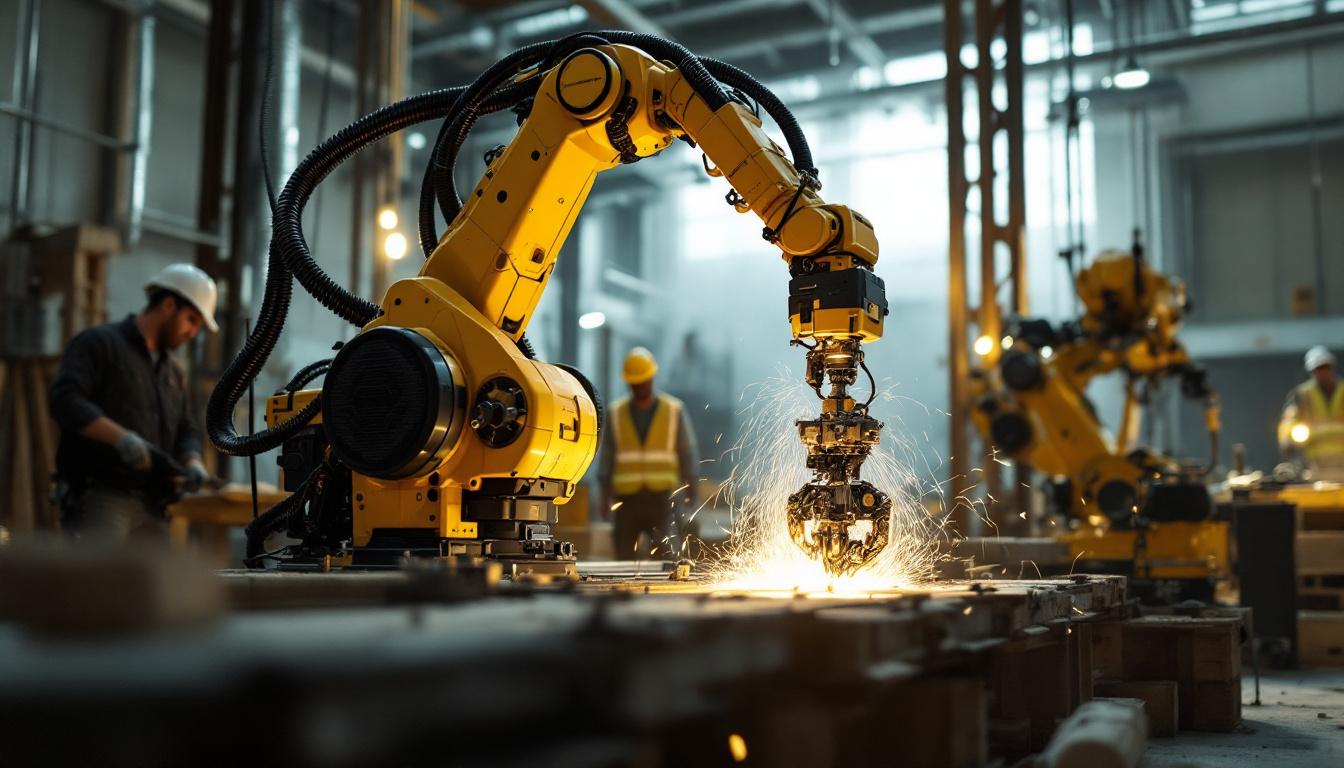 A photograph of a dynamic industrial robotics setup in action