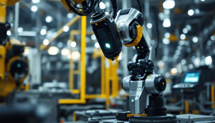 A photograph of a sleek visual inspection robot in action within an industrial setting