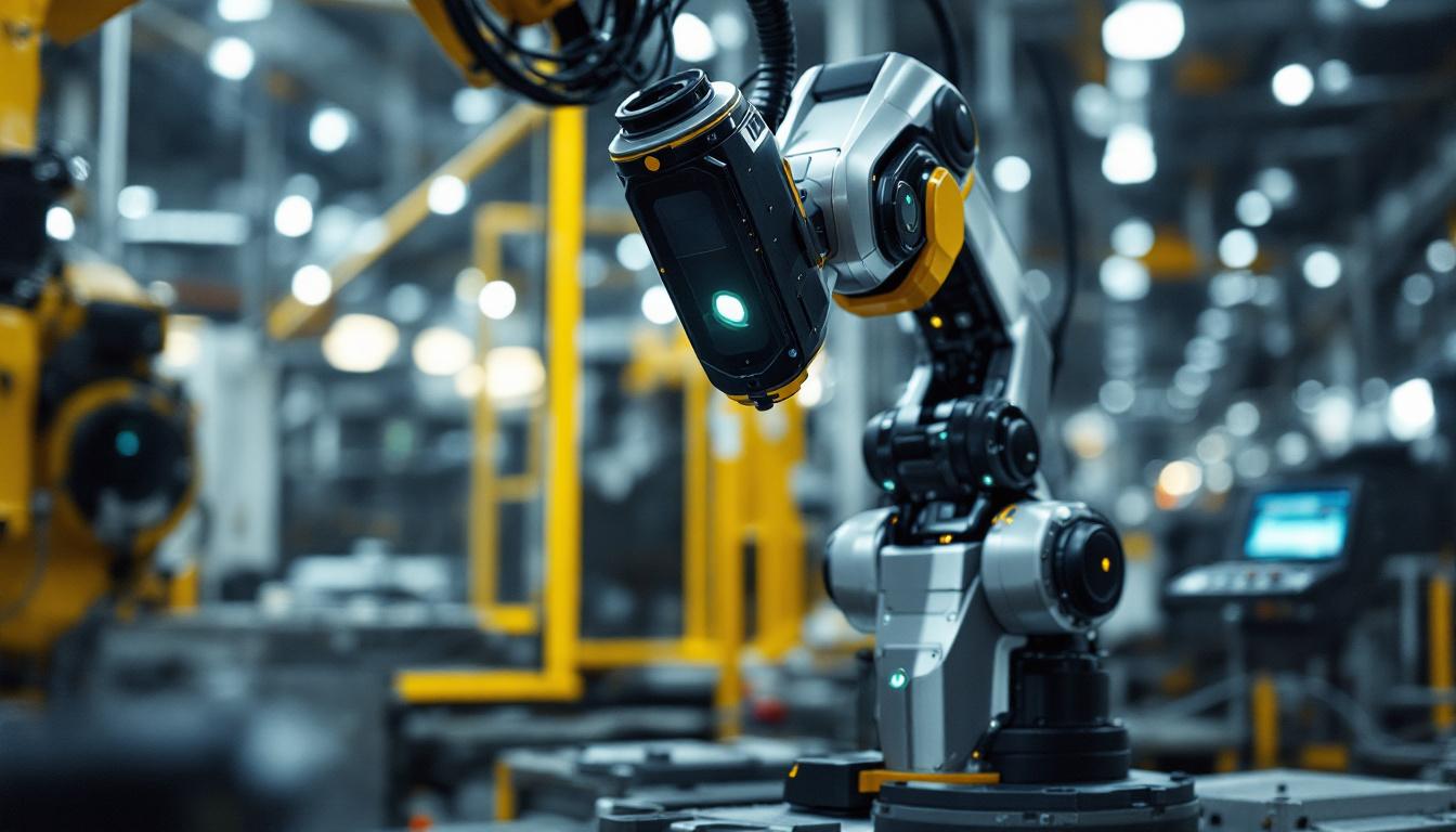 A photograph of a sleek visual inspection robot in action within an industrial setting