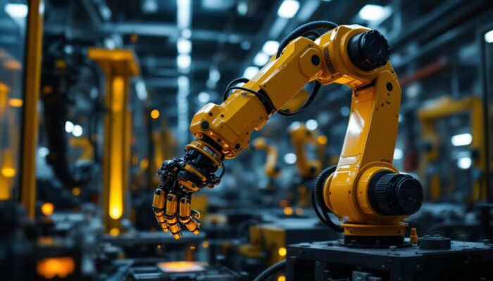 A photograph of a dynamic industrial robotic arm in action