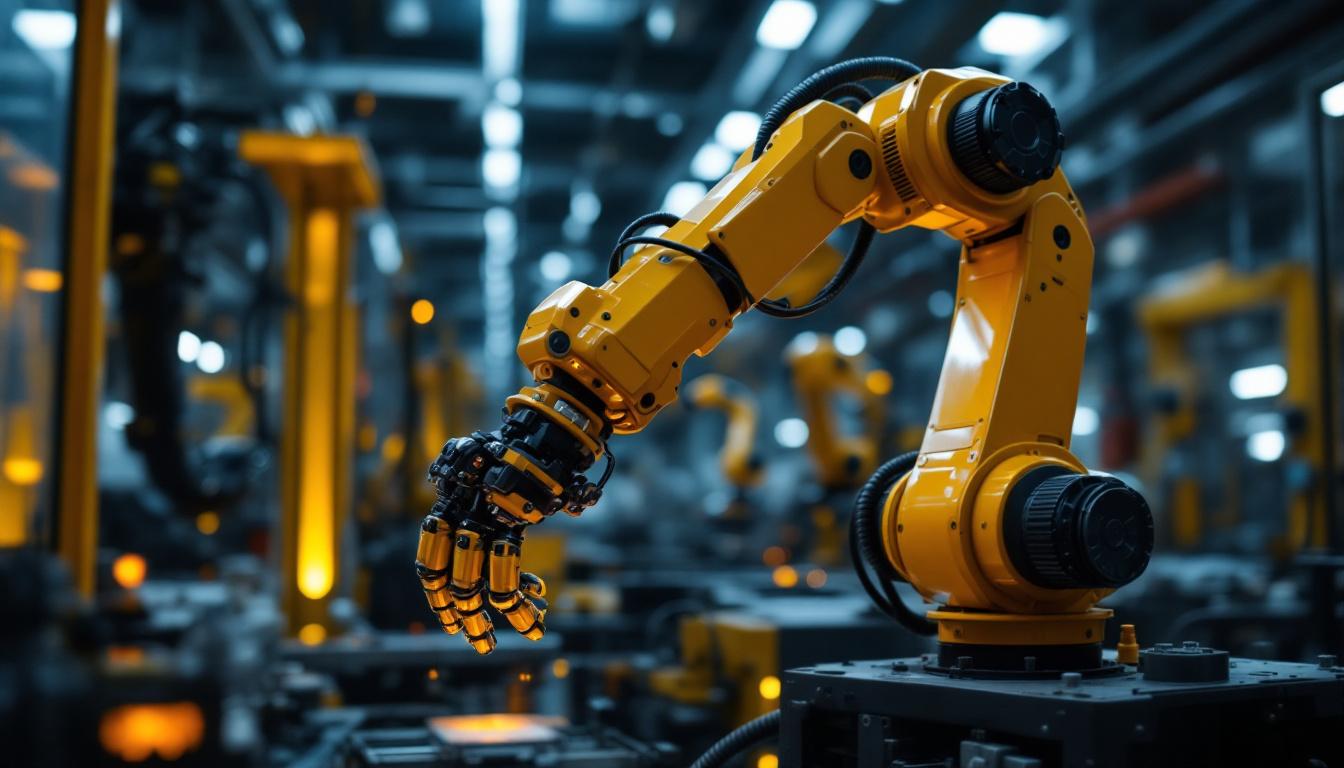 A photograph of a dynamic industrial robotic arm in action