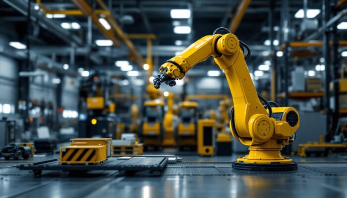 A photograph of a modern industrial setting showcasing an advanced robotic arm in action