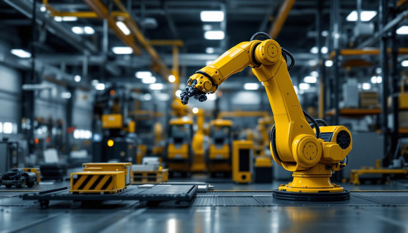 A photograph of a modern industrial setting showcasing an advanced robotic arm in action