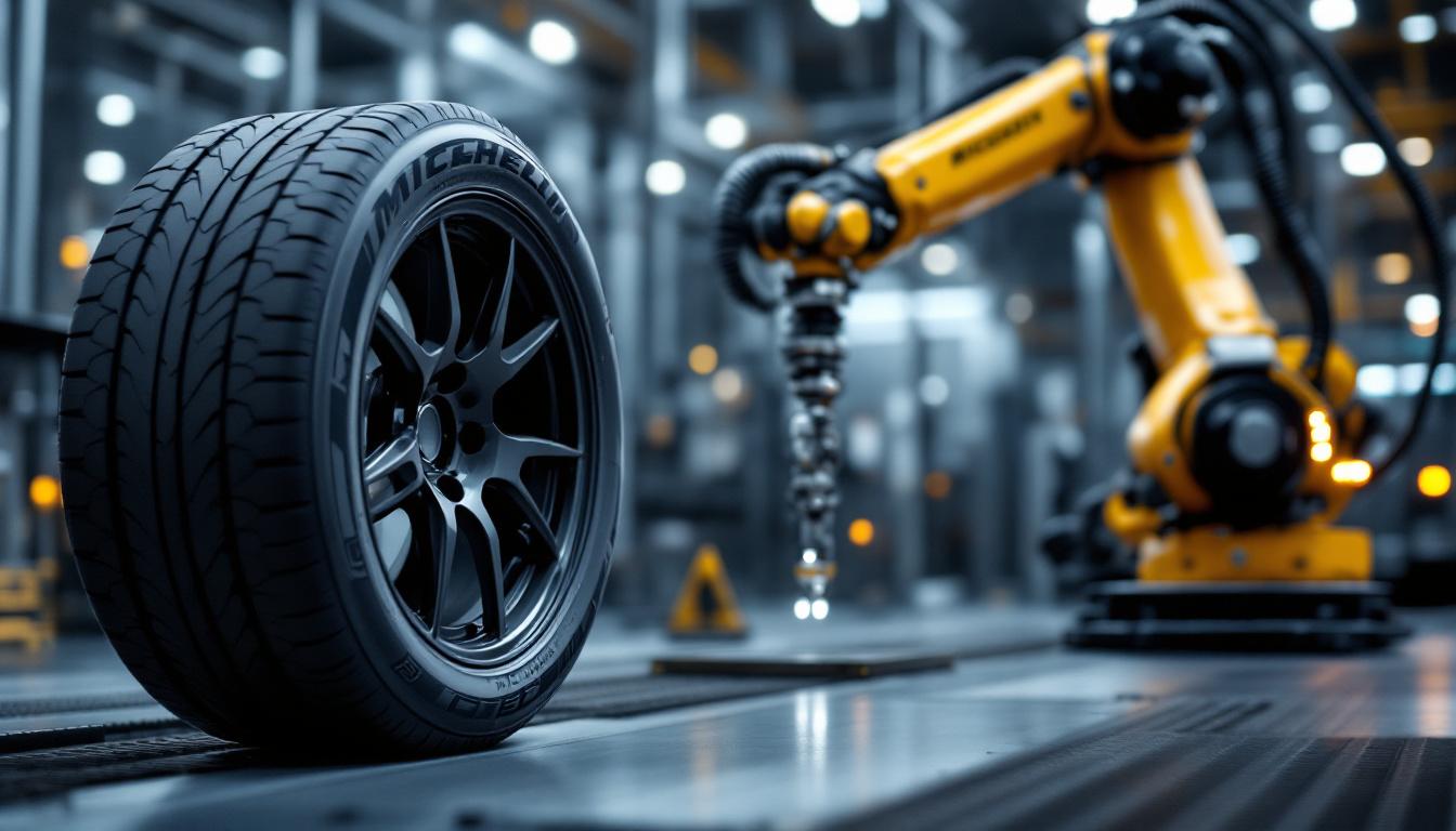 A photograph of a michelin us5 tire alongside an industrial robotic arm in a dynamic setting