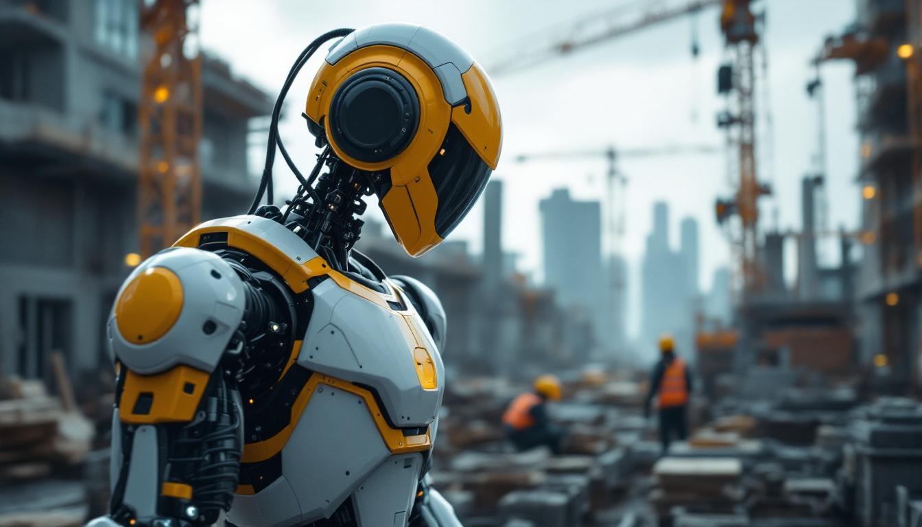 A photograph of a sleek industrial robot in action at a construction site