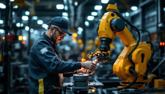 A photograph of a skilled operator controlling an industrial robot in a dynamic manufacturing environment