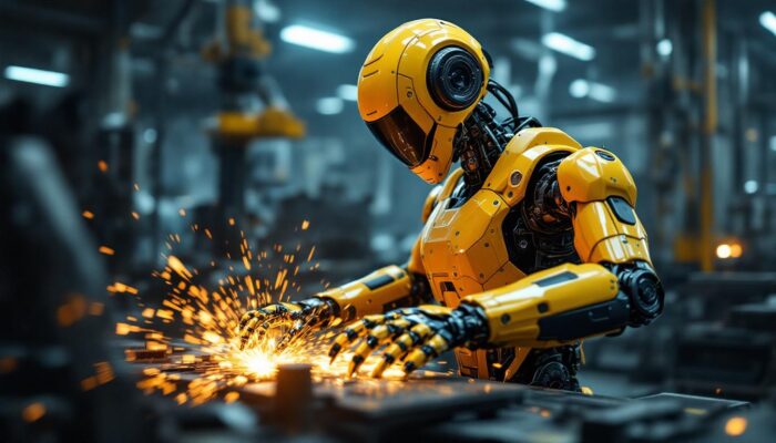 A photograph of a dynamic scene showcasing a skilled industrial robot in action