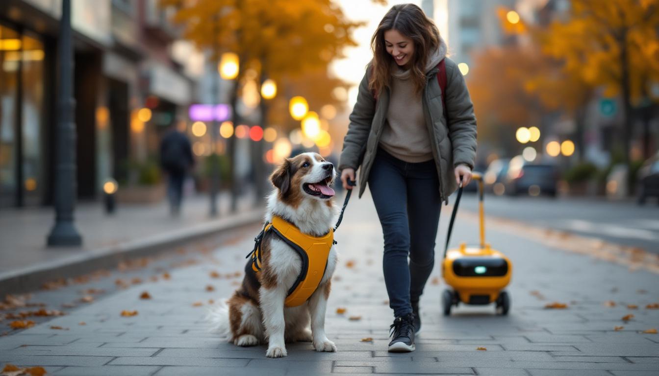 A photograph of a dog walker interacting joyfully with a dog in a vibrant urban setting