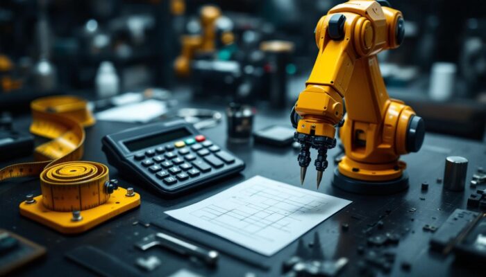 A photograph of a measuring tape laid out alongside a calculator and a robotic arm in a workshop setting