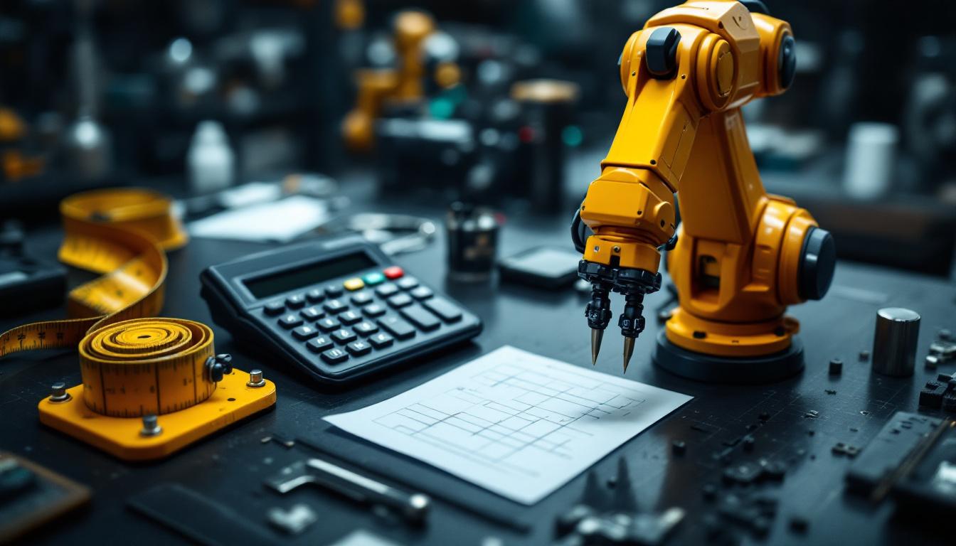 A photograph of a measuring tape laid out alongside a calculator and a robotic arm in a workshop setting