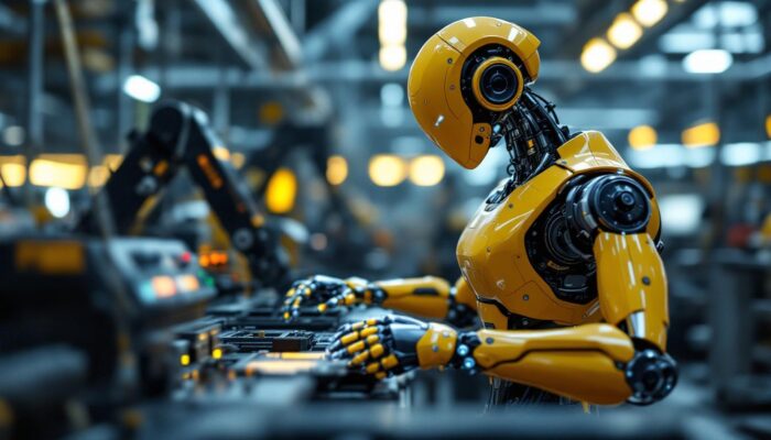 A photograph of a sleek industrial robot in action within a modern manufacturing environment