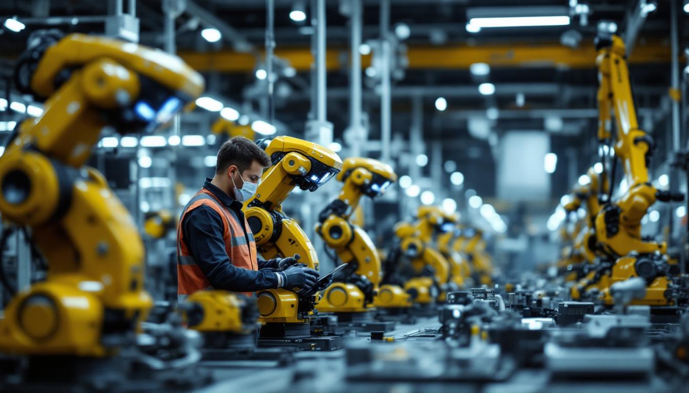 A photograph of a skilled technician working alongside a variety of industrial robots in a modern manufacturing setting