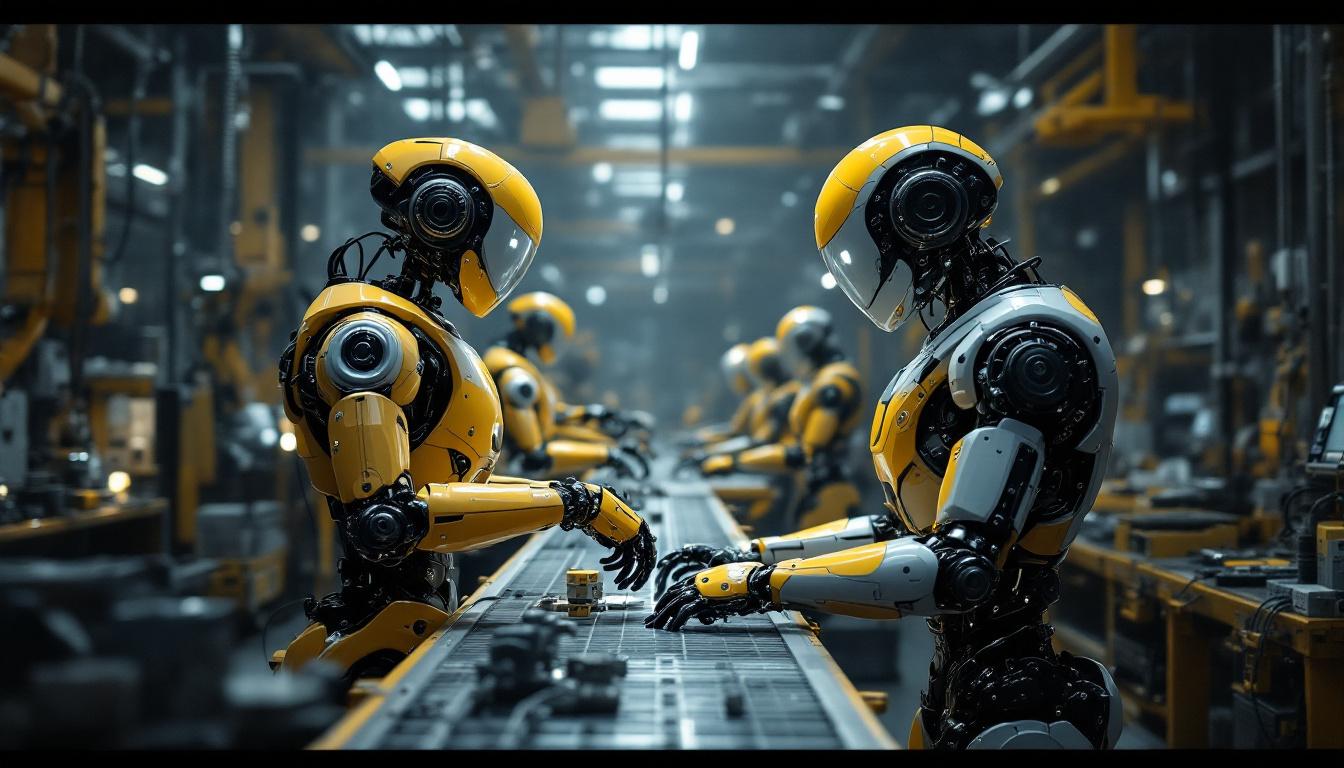 A photograph of a dynamic scene featuring both industrial robots working on an assembly line and a humanoid robot interacting with humans in a real-world setting