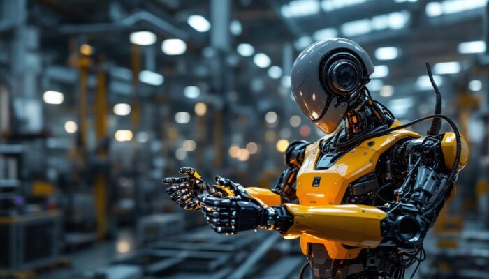 A photograph of a sleek industrial robot in action