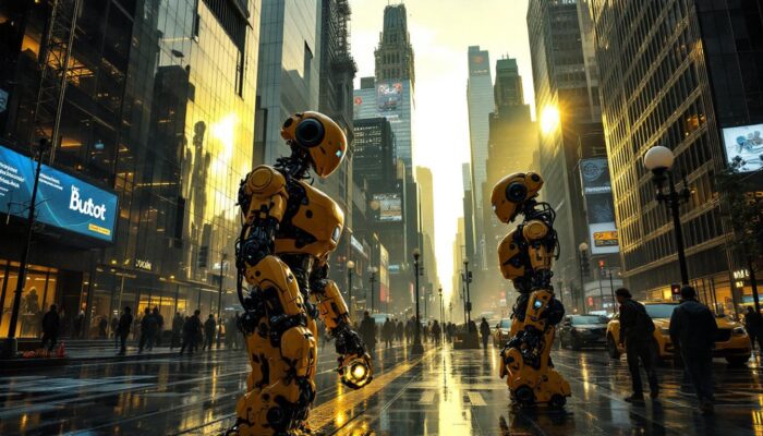 A photograph of a dynamic urban scene in new york city that showcases both the intricate architecture reflecting sound dynamics and the presence of industrial robots in action