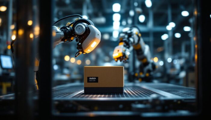 A photograph of a sleek industrial robot in action within a modern manufacturing environment