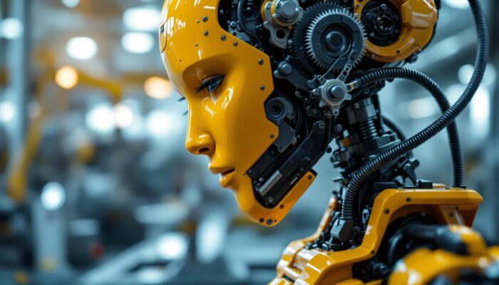 A photograph of a close-up of an industrial robot's intricate machinery in action