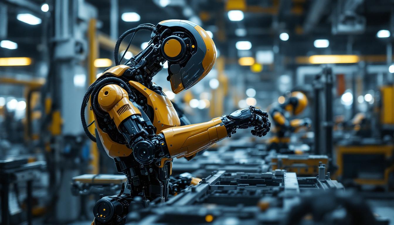 A photograph of a sleek industrial robot in action within a manufacturing environment