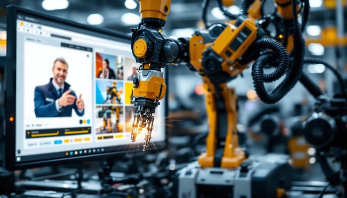 A photograph of a dynamic industrial robot in action