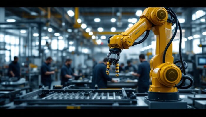 A photograph of a sleek industrial robotic arm in action within a modern boston manufacturing facility